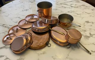 Set Of 9 Vintage Copper Pots & Pans W/ 4 Interchangeable Lids