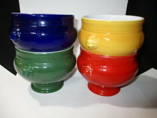Emile Henri France Lion Head 4 Soup Bowls Primary Colors Blue Red Green Yellow