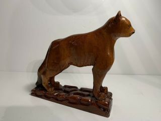 American Folk Art Wood Carving Sculpture Of A Mountain Lion Ca 1940s