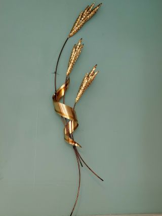 Vintage Wall Hanging Wheat Stalks Brass Copper Metal Art Sculpture Jere Era Mcm