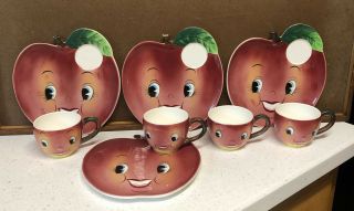 8 Piece Vtg Japan Py Nc Coronet Anthropomorphic Apple Snack Set Hand Painted