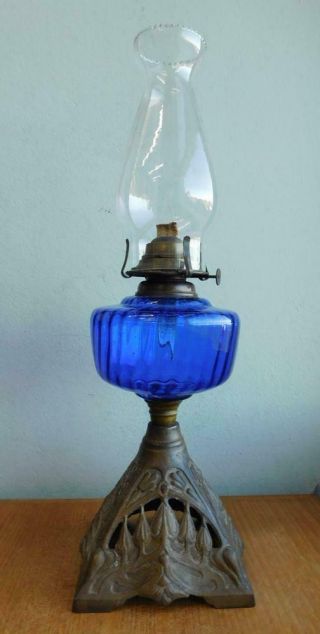 A Fine 1900s Art Nouveau Blue Glass Table Oil Lamp P&a Globe Burner