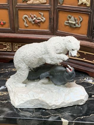Unique Rock Crystal And Bronze Group Of A Polar Bear Fighting Walrus