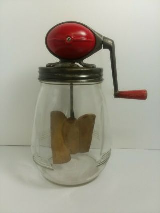Antique No.  4 Dazey Glass Butter Churn 4 Quart Set Red Football Style Top Vintage