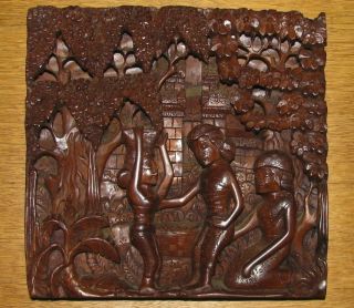 Hand Carved Wood Wall Art Panel - Bali 1989 - 10 " X 10 - Women Among Trees -