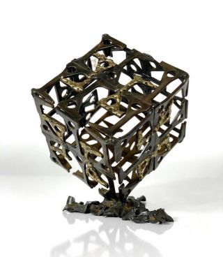 Vintage Mid Century Modern Brutalist Welded Steel Brass Cube Sculpture Jere Era