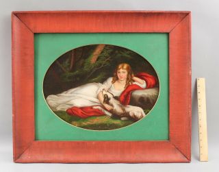 19thc Antique Folk Art Oil Painting,  Reclining Woman & Dog,
