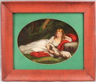 19thC Antique Folk Art Oil Painting,  Reclining Woman & Dog, 2