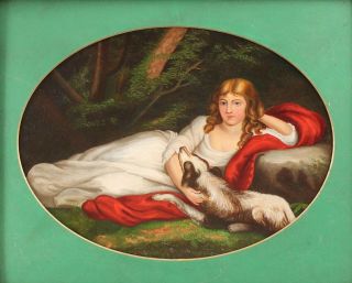 19thC Antique Folk Art Oil Painting,  Reclining Woman & Dog, 3