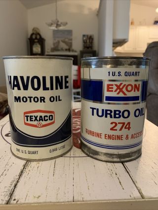 Exxon Turbo Oil 274 And Texaco Havoline One Quart Motor Oil Cans Both Full Metal