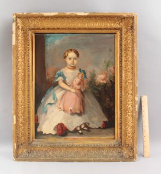 19thC Antique American Folk Art Portrait Oil Painting Young Girl China Head Doll 2