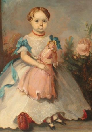 19thC Antique American Folk Art Portrait Oil Painting Young Girl China Head Doll 3
