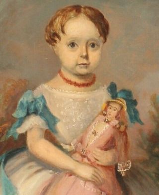19thC Antique American Folk Art Portrait Oil Painting Young Girl China Head Doll 4