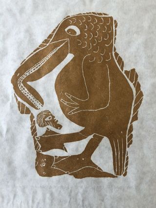 1968 Leah Qumaluk Inuit Stone Cut Print Man Eating Bird 7/30 Pencil Signed