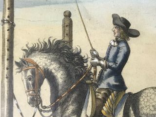 Louis Xiv 18th Century French Engraving Of Horse Equestrian Castle Hand Colored