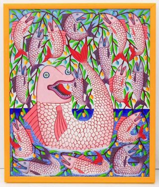 Vintage Haitian Art Painting Charles Saul " Fishes " 20x24 Haiti Framed