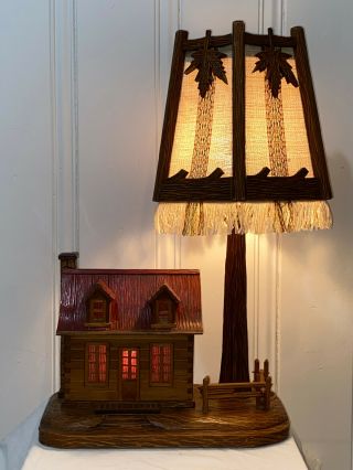 Vintage Wood Carved Folk Art Figural Log Cabin House Table Lamp Adirondack Style