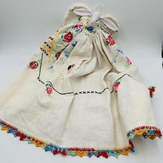 Embroidered Bunny Rabbit Folk Art Linen Doily Crochet Angel Vintage