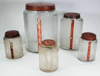 Antique Vtg Hoosier Cabinet Ribbed 5 Canister Storage Jars Clear Glass Set 13