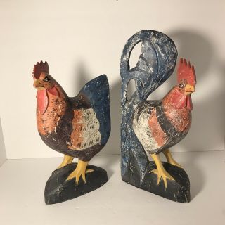 Hand Carved Hand Painted Folk Art Wood Roosters 15” Tall