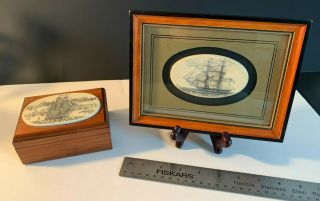 Stephen Barlow Framed Scrimshaw Brig Governor Endicott Ship And Artek Box