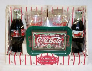 1996 Coca Cola Holiday Christmas Gift Set Tray - Glasses - Bottles