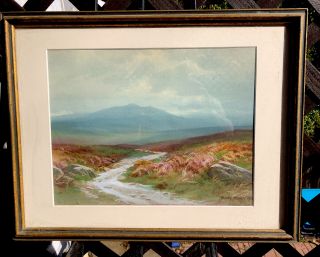 Antique English Watercolor And Gauche Landscape Painting,  Circa 1915,  Signed.