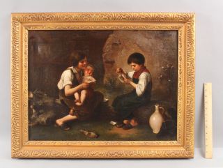 C1900 Antique Signed Genre Oil Painting,  Mother & Children Playing Card Game Nr