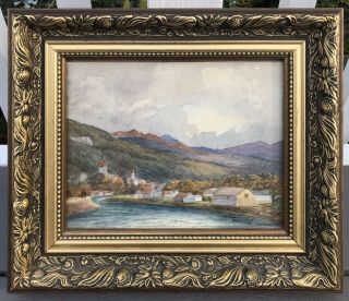 19th C.  1883 Watercolor River Landscape W/ Mountains Thun,  Switzerland