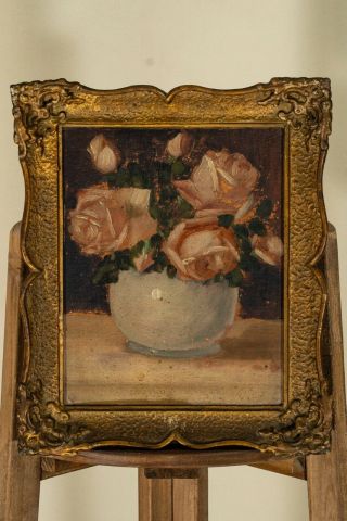 Antique 19th Century 1800s Oil Painting On Wood Still Life Roses Art Old Framed