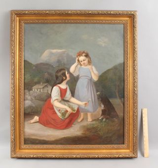 19thc Antique Signed American Oil Painting Young Girls Flowers Border Collie Dog