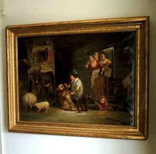 Large Antique 19th Century Genre Painting Oil On Canvas Young Lad Artist At Work