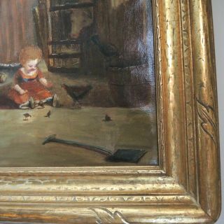 Large Antique 19th Century Genre Painting Oil on Canvas young Lad Artist at work 4