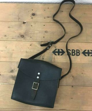1986 Vintage Swiss Army Military Black Shoulder Bag Leather