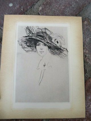 Old Vintage SKETCH ETCHING DRAWING Women with Hat Anne GOLDTHWAITE? Framed 4