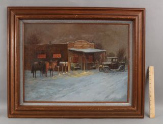 John Rigby American Western Oil Painting General Store Horses 1920s Automobile