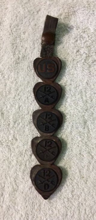 Very Old Cavalry 5 Pins Or Buttons On Strap,  U.  S.  A,  B,  C,  D With Swords.