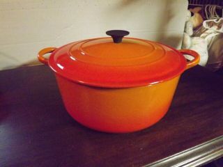 Le Creuset " E " Pot W/lid Flame Orange Enameled Cast Iron Dutch Oven Pot 4.  5qt