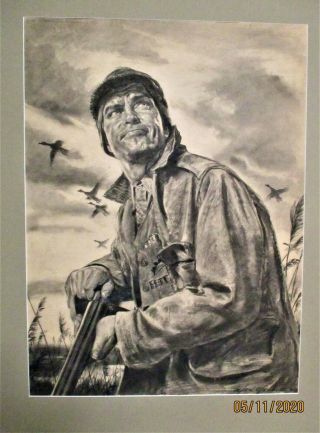 Peter Stevens Charcoal Marsh Rifle Duck Hunting Dawn 1949 Signed Great