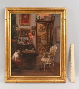 19thc Antique Signed American Interior Oil Painting W/ Jack Russell Terrier Dog