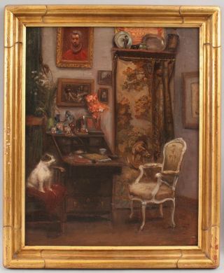 19thC Antique Signed American Interior Oil Painting w/ Jack Russell Terrier Dog 2