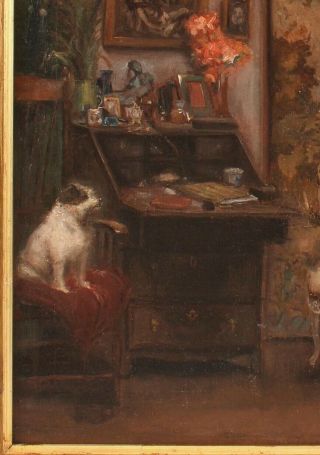 19thC Antique Signed American Interior Oil Painting w/ Jack Russell Terrier Dog 4