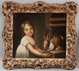 Antique 18thc Early Genre Portrait Oil Painting,  Young Girl Feeding Bunny Rabbit