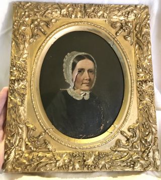Antique Elderly Quaker Woman Portrait Oil Painting With Orig.  Gesso Frame Repair