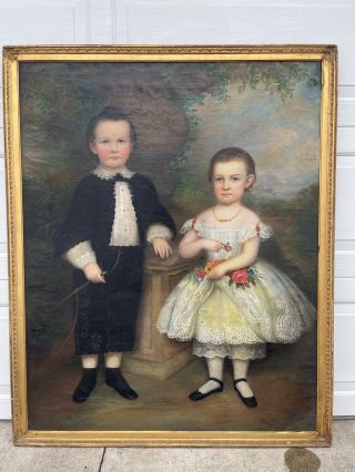 Antique American Folk Art Portrait Of Fancy Young Children C.  1840 Oil On Canvas
