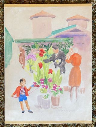 Elsie Palmer Payne Water Color Study Painting Flower Stand Market & Book