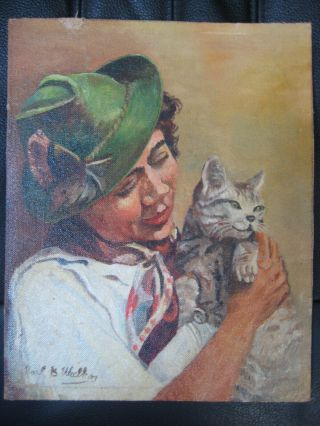 Antique Vintage Oil Painting Woman Cat Signed European German Austrian ? Old Vtg