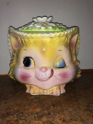 Enesco Winking Kitty Cookie Jar.  Vintage Winkin Kitty