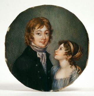 Antique Georgian Style Miniature Portrait Painting Of Boy And Girl Children