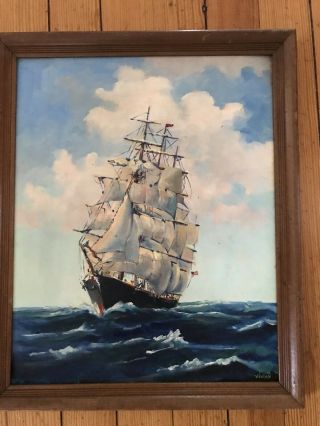 Vintage 20 " X 16 " Oil Painting Of Tall Ship Signed